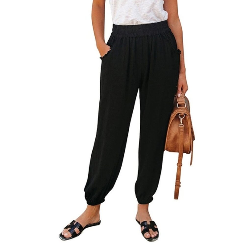 Paper-bag Waist Joggers with Pockets in Black